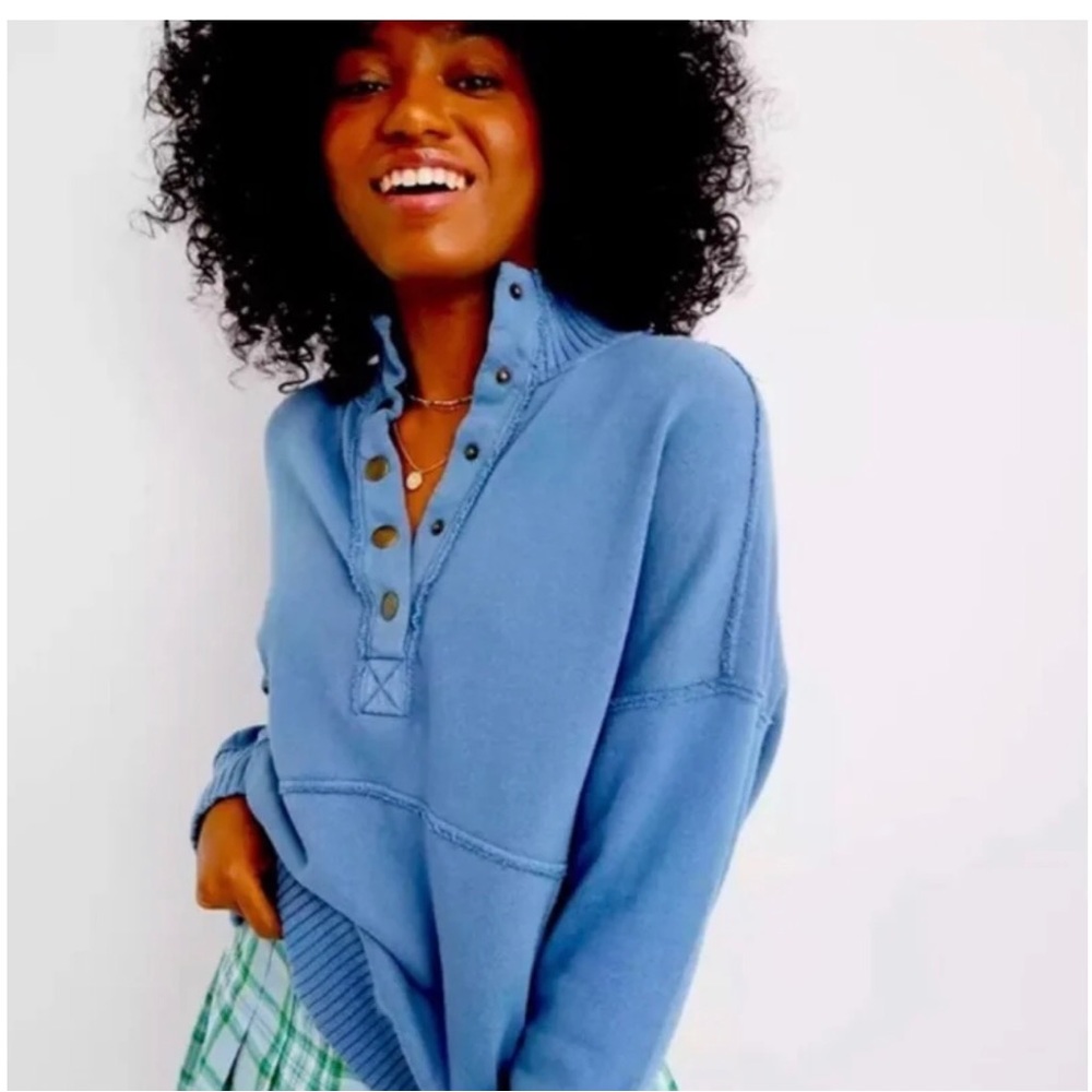 Aerie Oh Snap Weekend Henley Mock Neck Sweatshirt in Blue Size Small